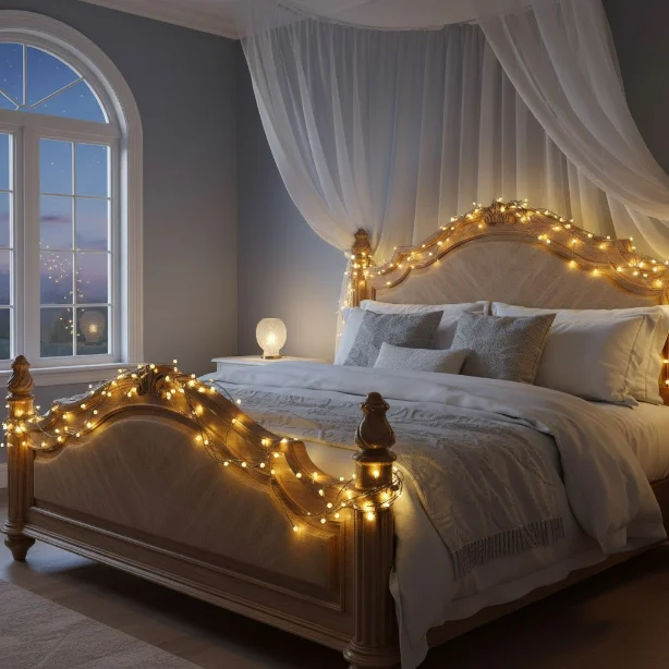 نصب ریسه خوشه ای بالای تخت خواب در اتاق