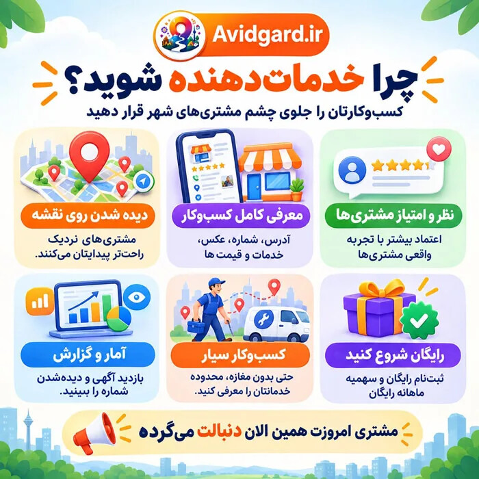 چرا خدماتدهنده شوید؛ دیده شدن روی نقشه، معرفی کامل کسبوکار، نظر مشتریها و آمار بازدید در آویدگرد