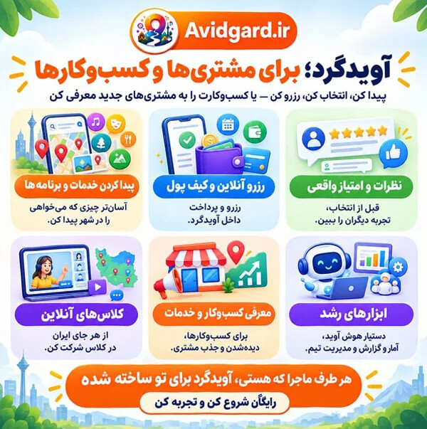 آویدگرد برای مشتریها و کسبوکارها؛ پیدا کردن خدمات و برنامهها، رزرو آنلاین، نظرات واقعی و کلاسهای آنلاین