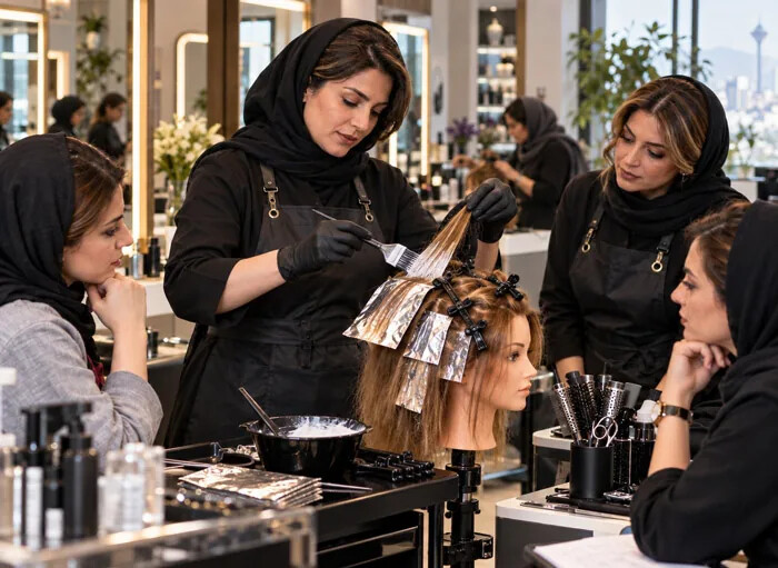 آموزش رنگ و مش مو با تکنیک فویل در کلاس عملی آرایشگری